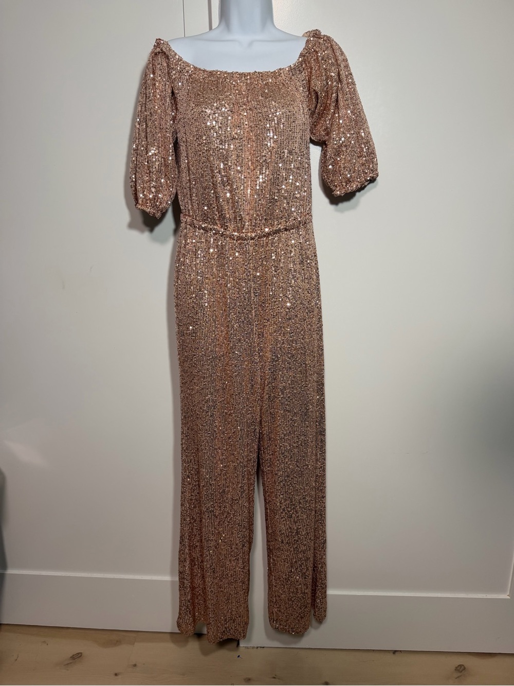 Rose Gold Fully Sequin Off-Shoulder Jumpsuit Blush Pink Size Medium Elastic Boho - Picture 2 of 9